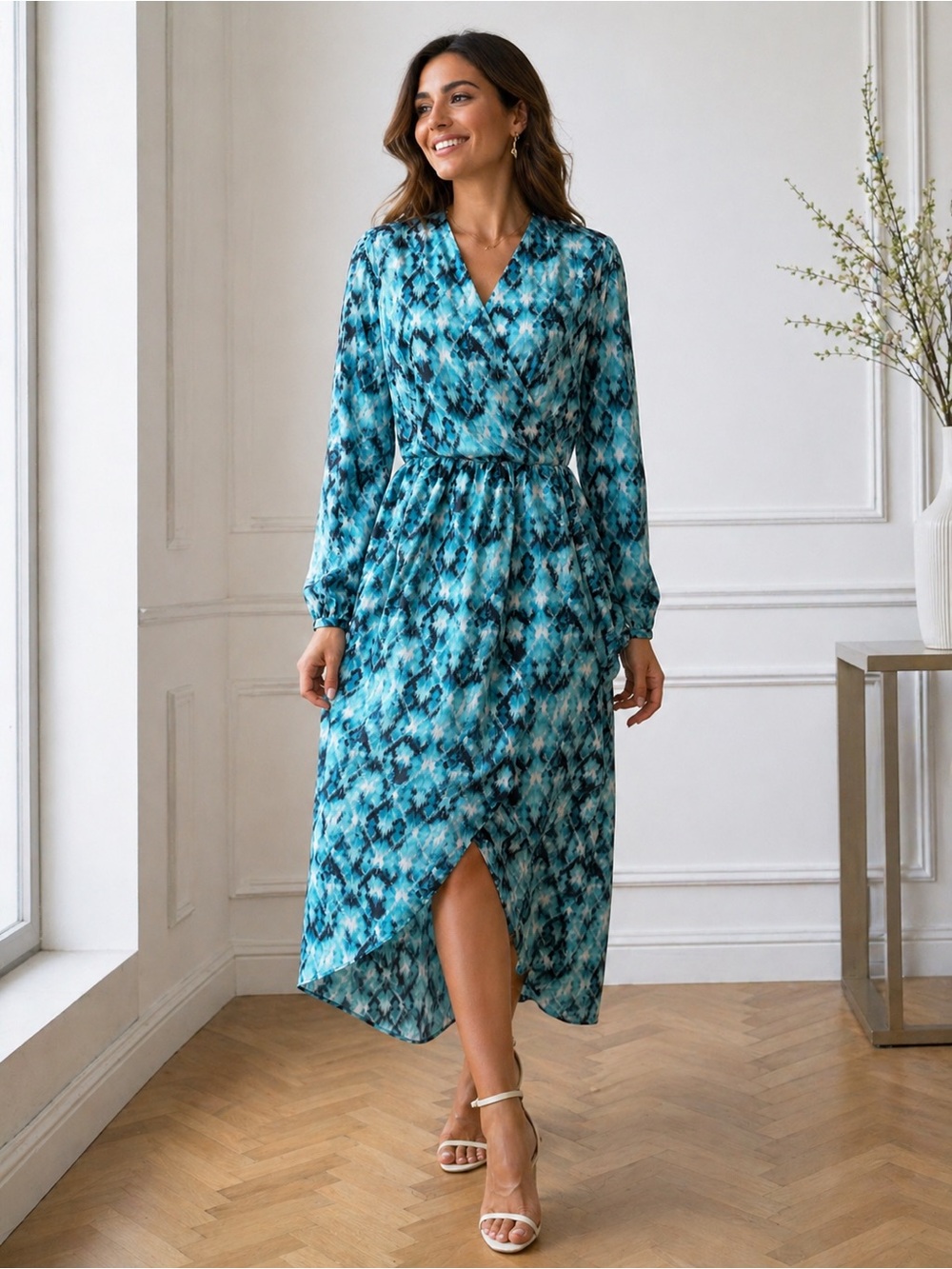Boss Teal and Blue Printed Maxi Wrap Dress